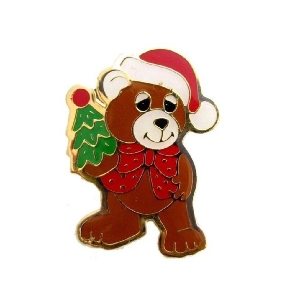 Vintage Christmas Teddy Bear Enamel Pin Santa Hat‎ Christmas Tree Holiday Brooch